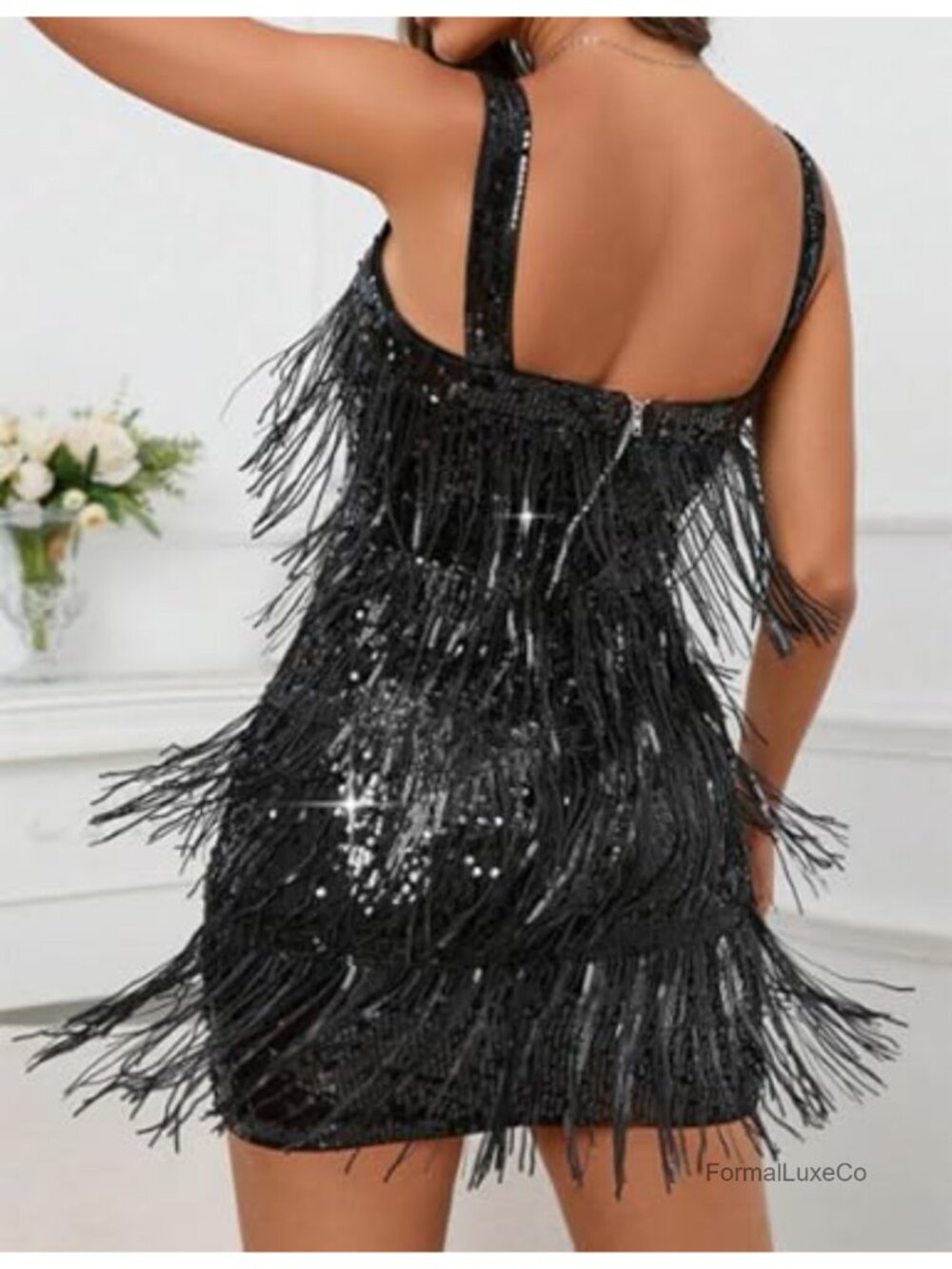 Sequin Fringe Mini Dress Sleeveless Bodycon Cocktail Party Prom Gatsby - Picture 3 of 4